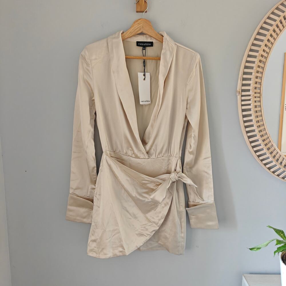 NWT Retrofête Hailey Champagne Satin Wrap Mini Dress V-Neck XS $498